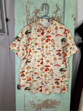 Men's Cream Short-Sleeve Shirt with Colorful Mushroom Print